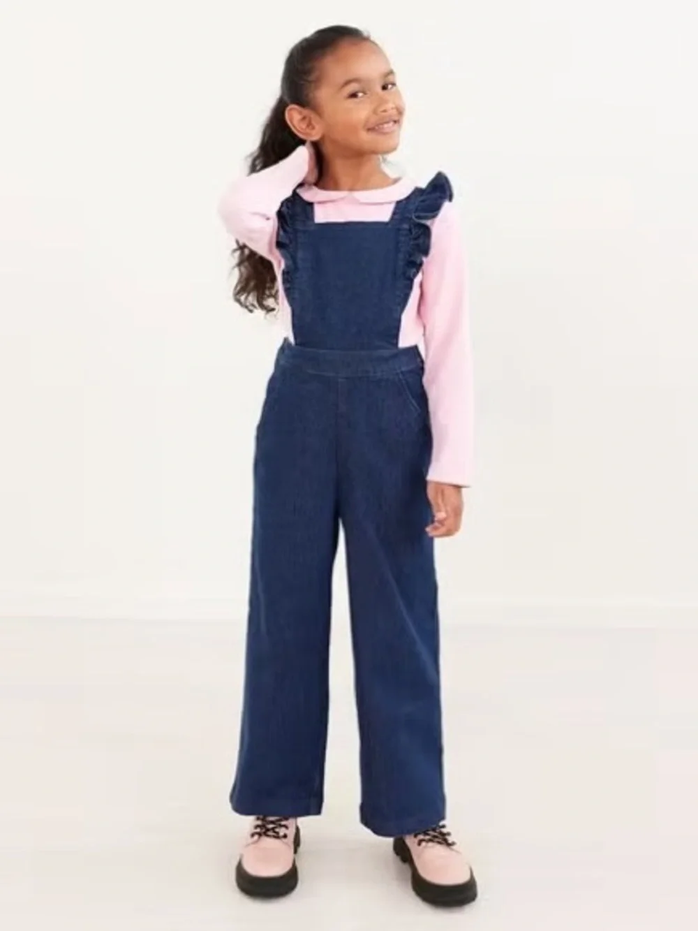 Hanna Andersson Ruffle Jumpsuit In Stretch Denim Blue Cotton